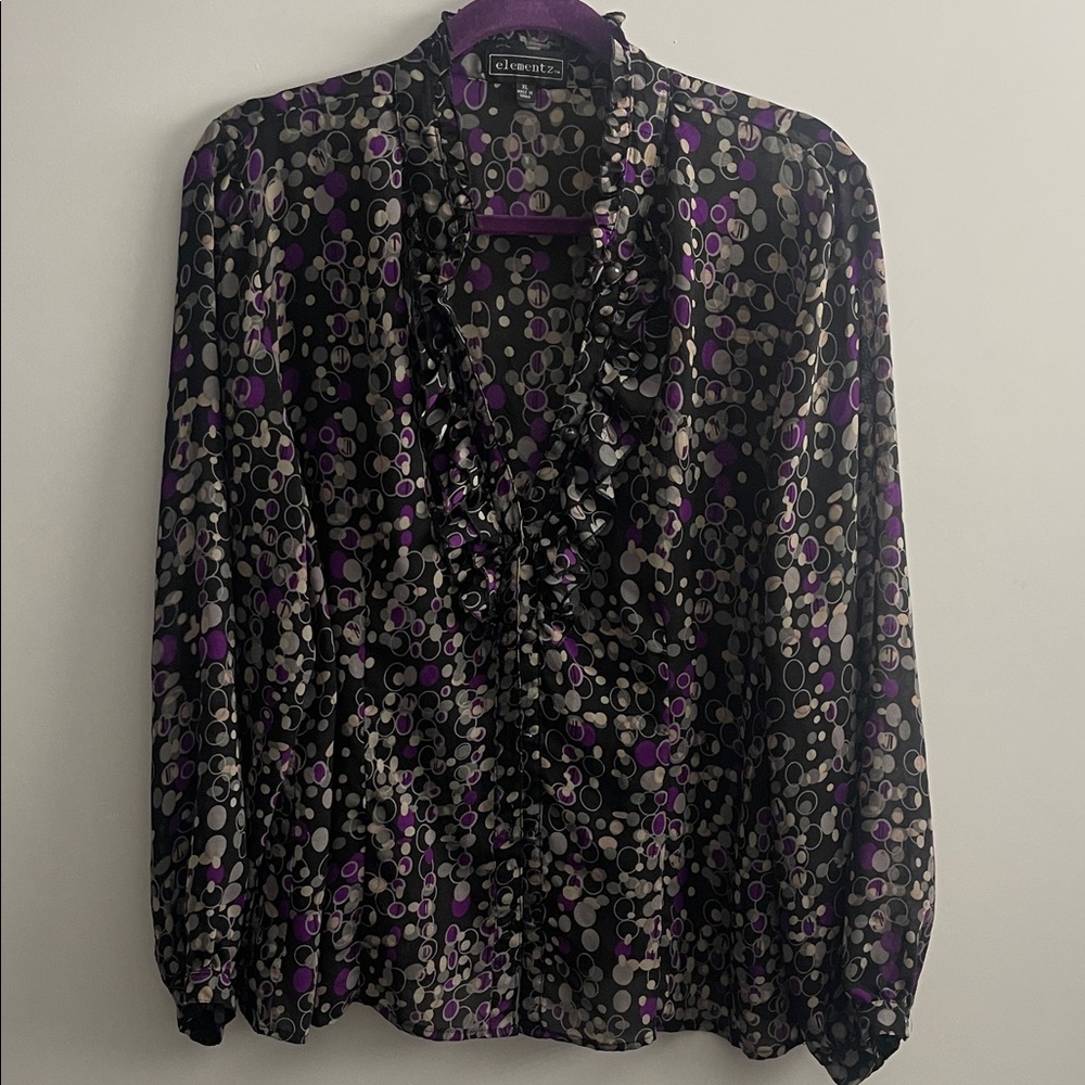 Elementz Black, Purple & Gray Polka Dot Blouse Women's Top Size XL